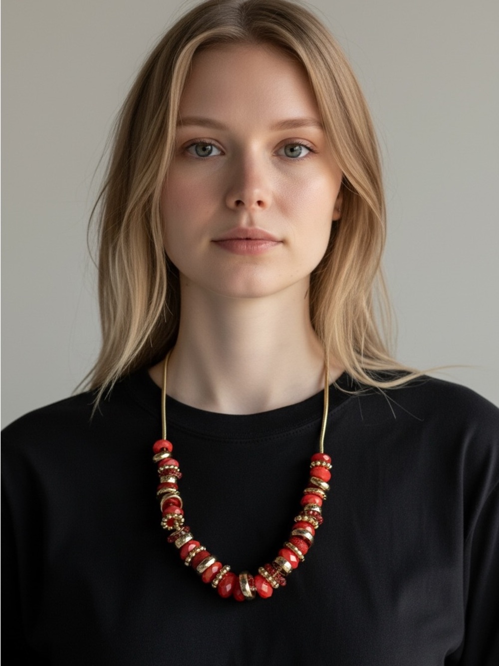 10/23 Statement Red Bead Necklace with Gold Accents